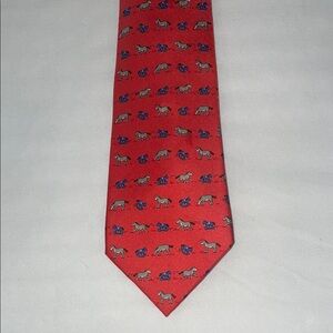 Hermes Red and Blue Silk Tie with Pony and Rocking Horse Design